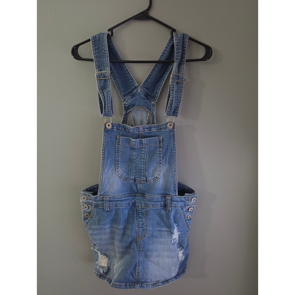 Tinseltown Womens Distressed Denim Overall Skirt Medium Wash Size S